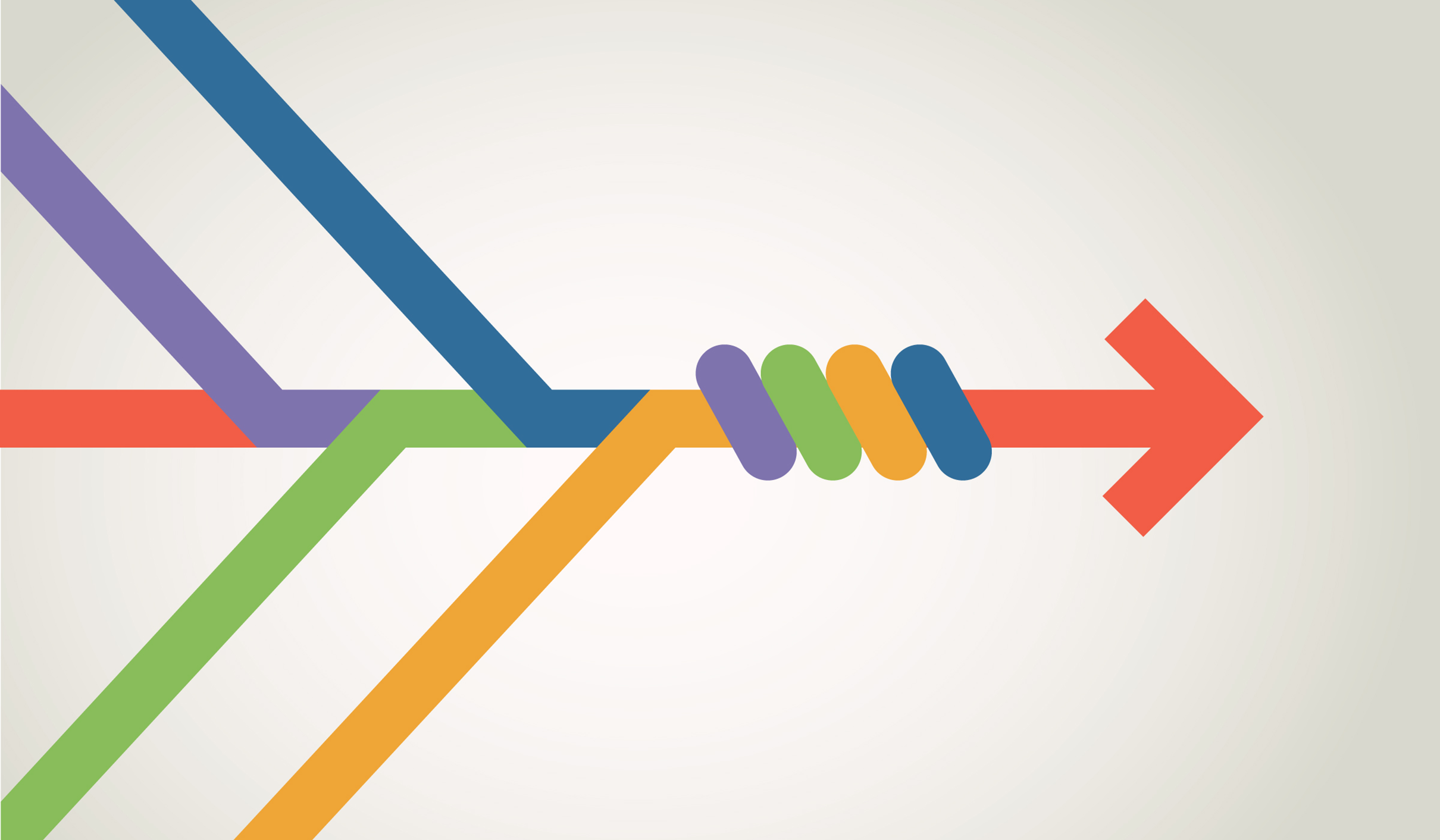 Colorful lines intertwining into a rightwards pointing arrow