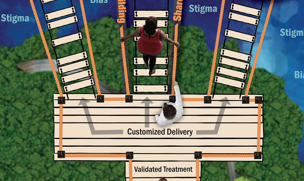 Illustration off patient standing on unsafe wooden bridge choosing month three uncertain options