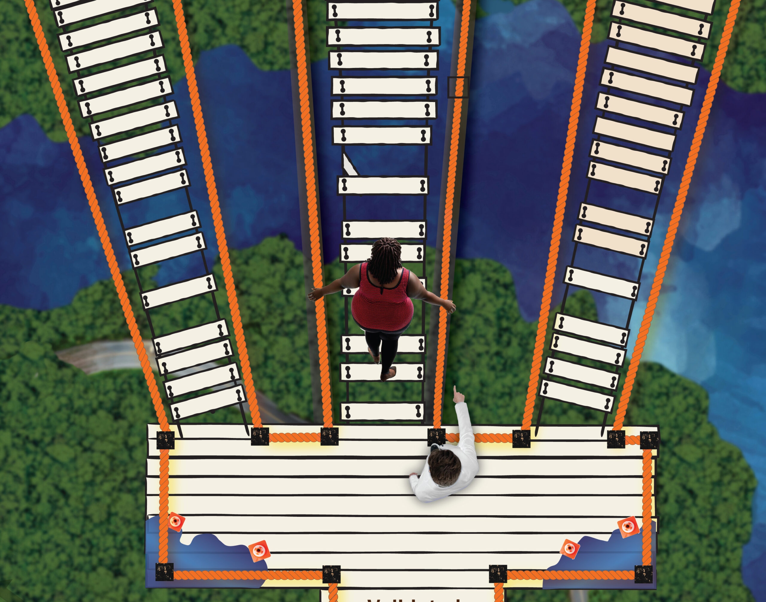 Illustration of an overhead view of a person walking across an unsafe rope bridge and facing difficult choices