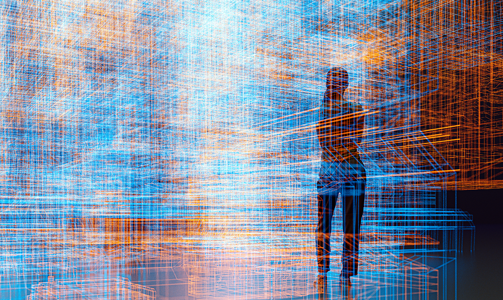 silhouette of a person in a virtual environment surrounded by complex glowing lines